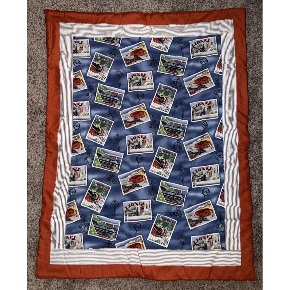 Lionel Trains Baby Comforter Quilt Blue Orange Railroad Crossing Handmade